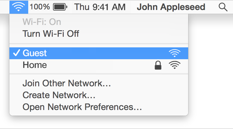 A screenshot of the drop-down menu of available network under the Wi-Fi connection icon in the macOS tool bar