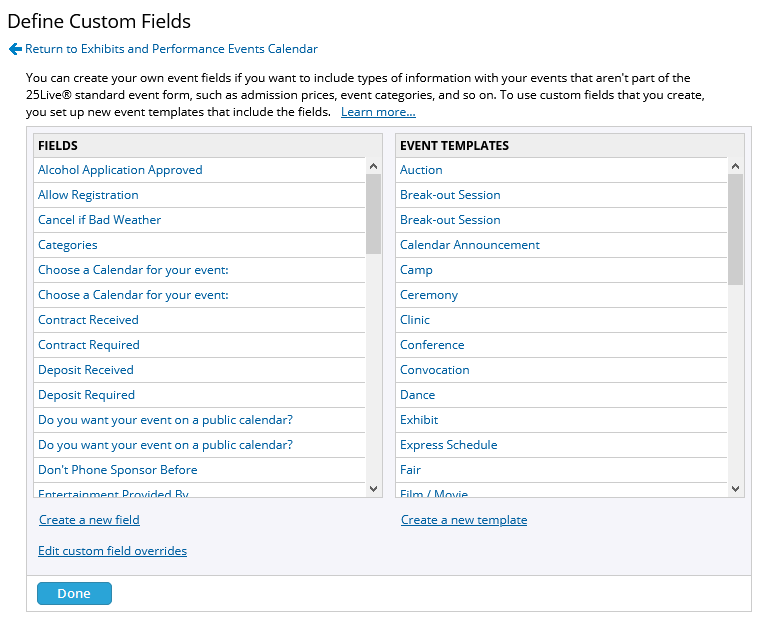 Define custom fields options