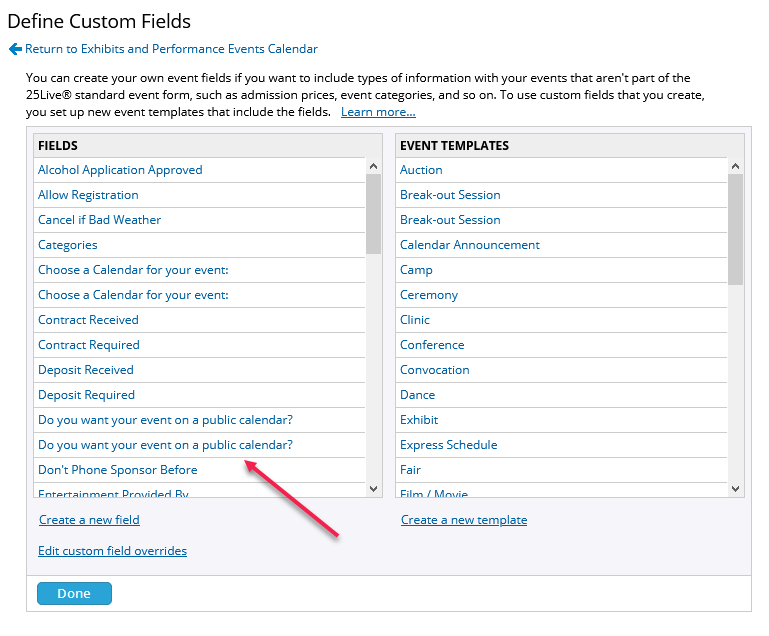 Define custom fields page with arrow pointing to an existing custom field
