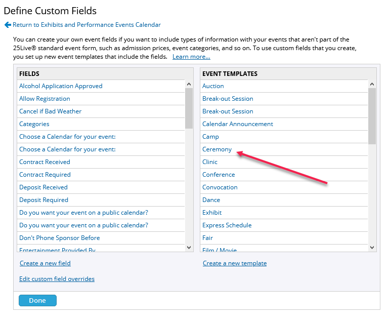 Define custom fields page with arrow pointing to an existing event template