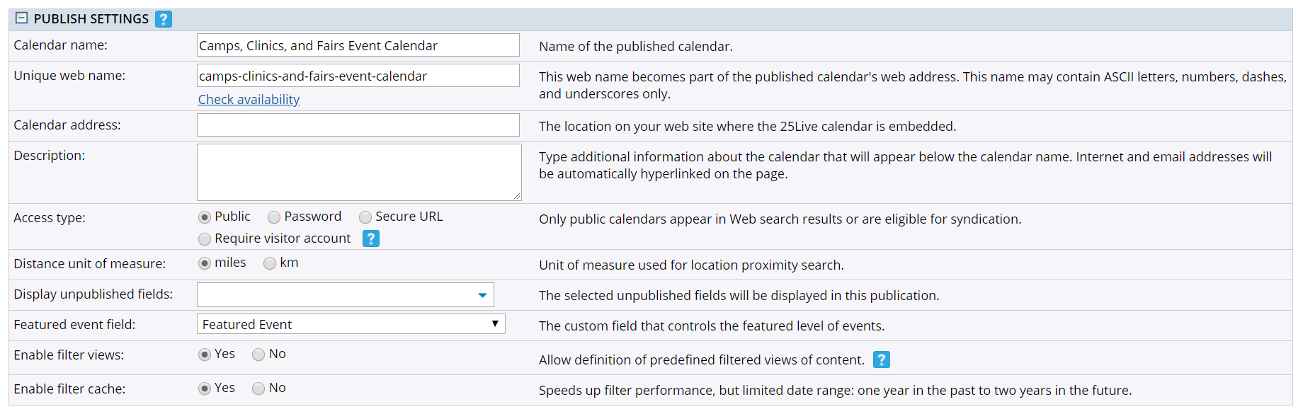 Publish settings fields