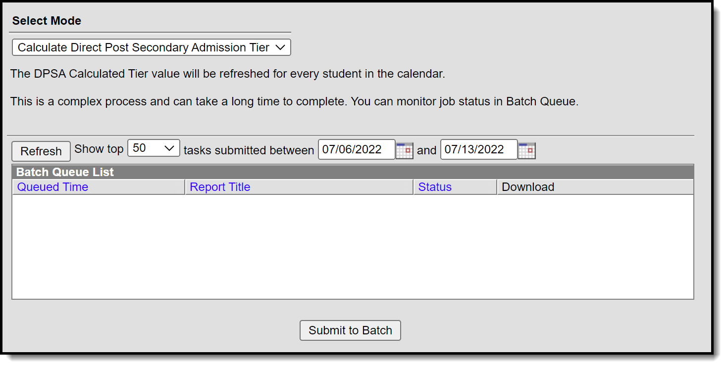 Screenshot of the tool with a mode of Calculated Direct Post Secondary Admission Tier selected. 