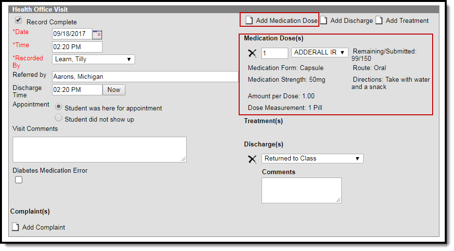 Screenshot of the add medication dose fields on the health office visits editor.