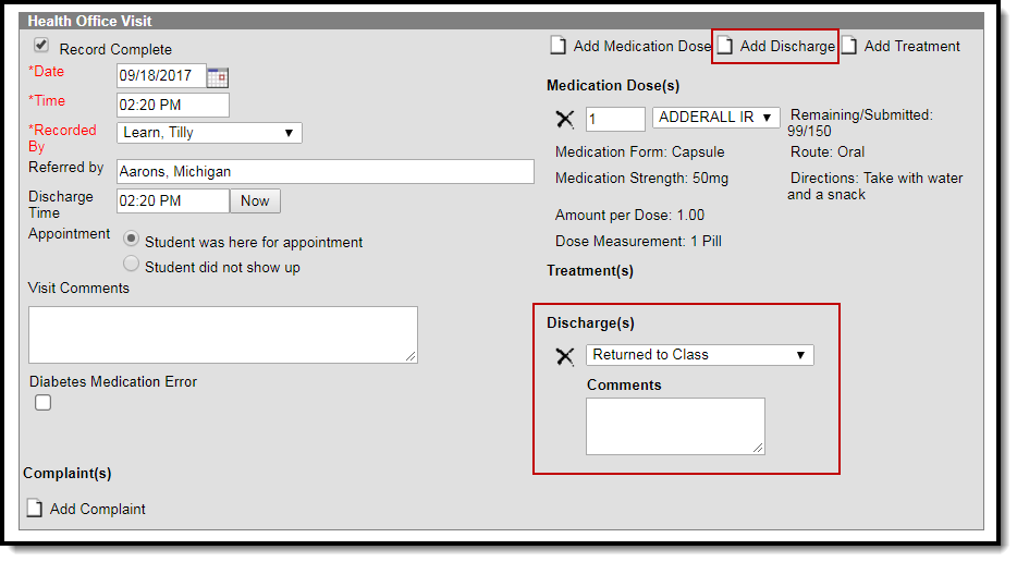 Screenshot of the add discharge fields on the health office visits editor.