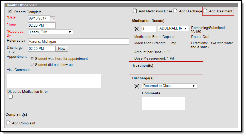 Screenshot of the add treatment fields on the health office visits editor.