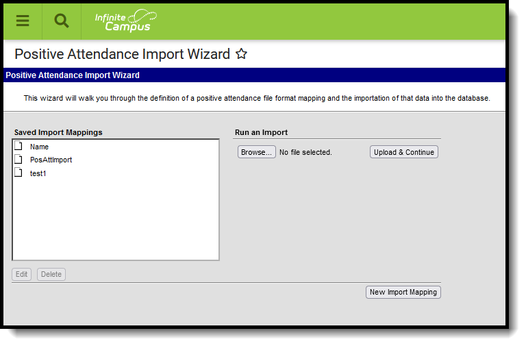 Screenshot of Positive Attendance Import Wizard tool.