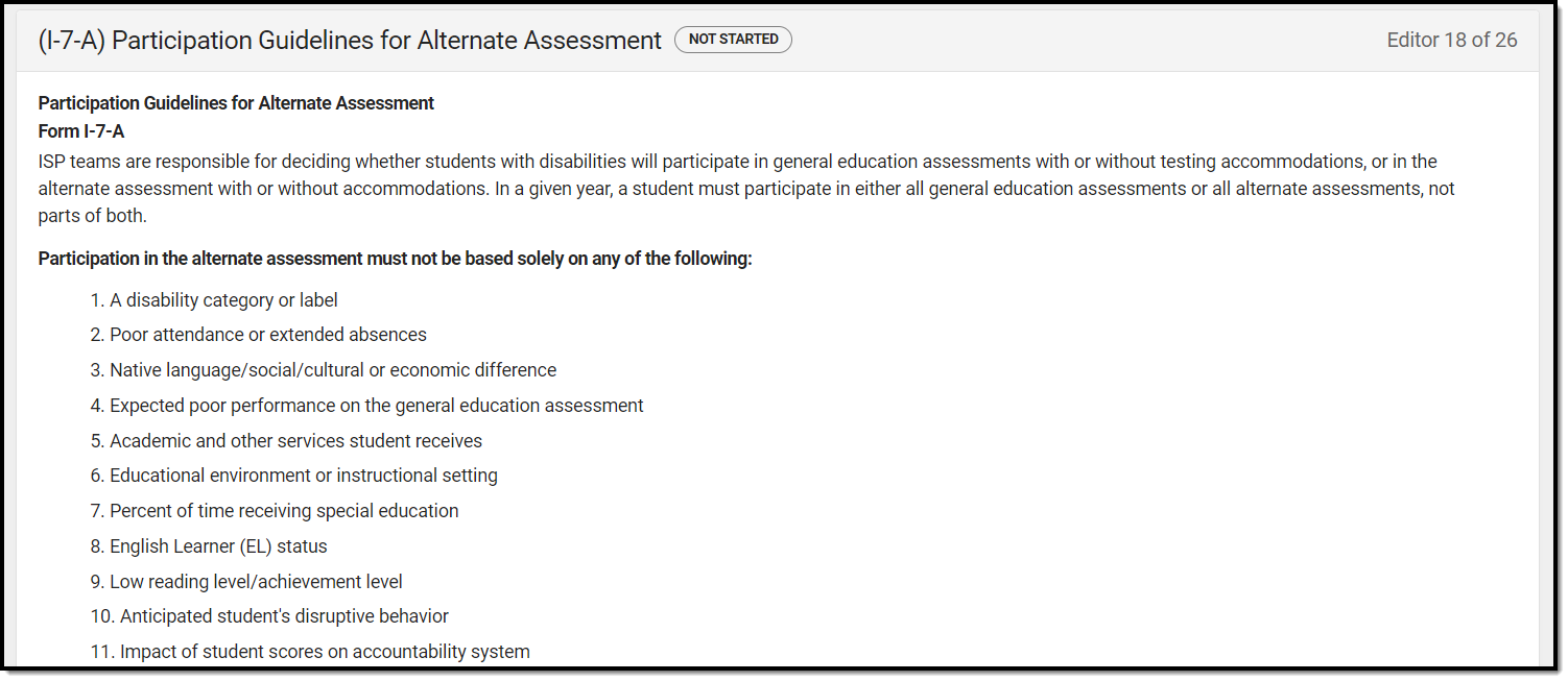Screenshot of the Participation Guidelines for Alternate Assessment editor.