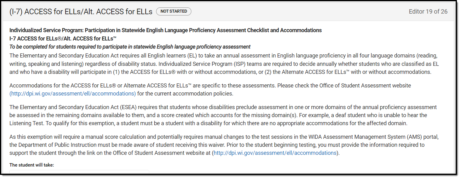 Screenshot of the Access for ELLs/ ALT Access for ELLs editor.