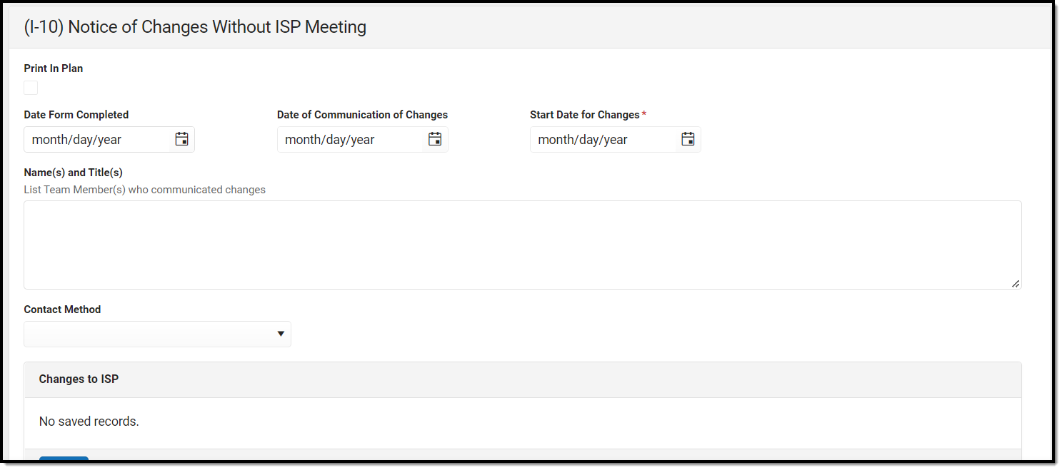 Screenshot of Notice of Changes Without ISP Meeting detail screen.