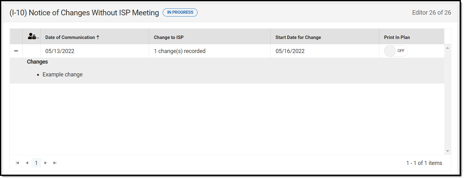 Screenshot of Notice of Changes Without ISP Meeting list screen.