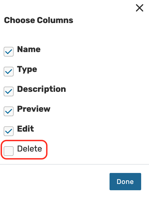 Add the Delete column by clicking the Choose Columns button and checking the box.