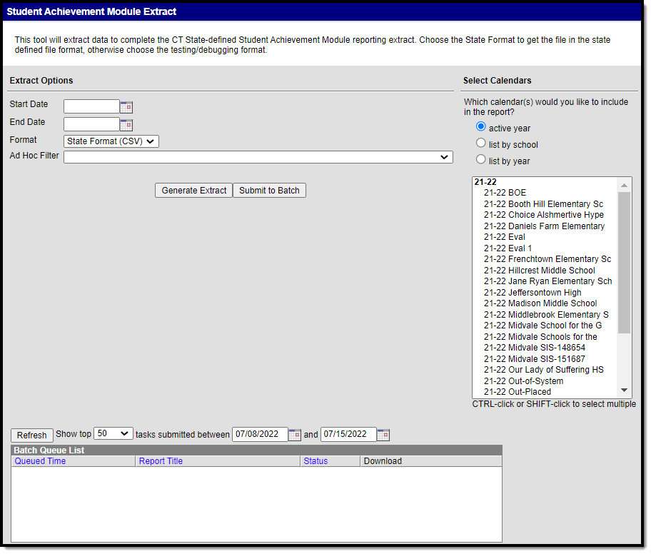 Screenshot of the Student Achievement Module extract editor. 