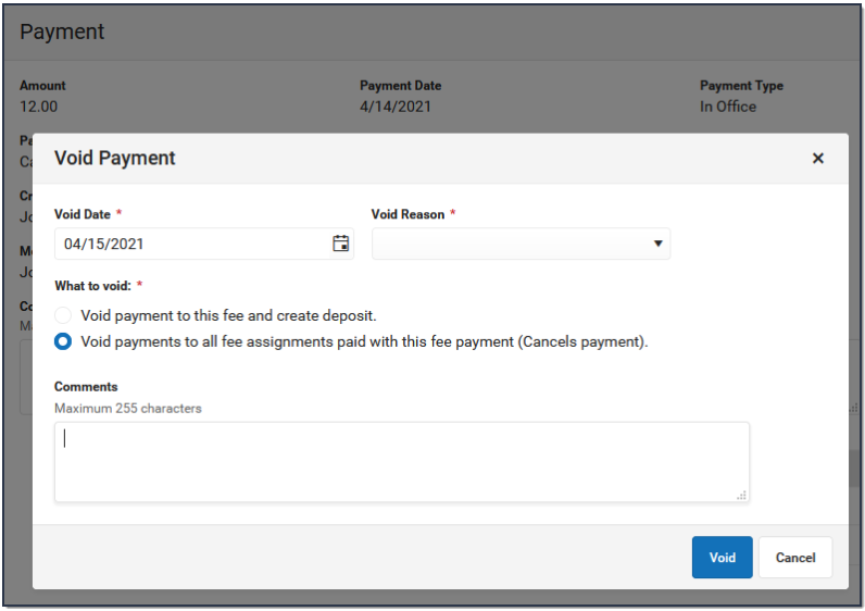 Screenshot of the fields that need to be populated when voiding a payment.