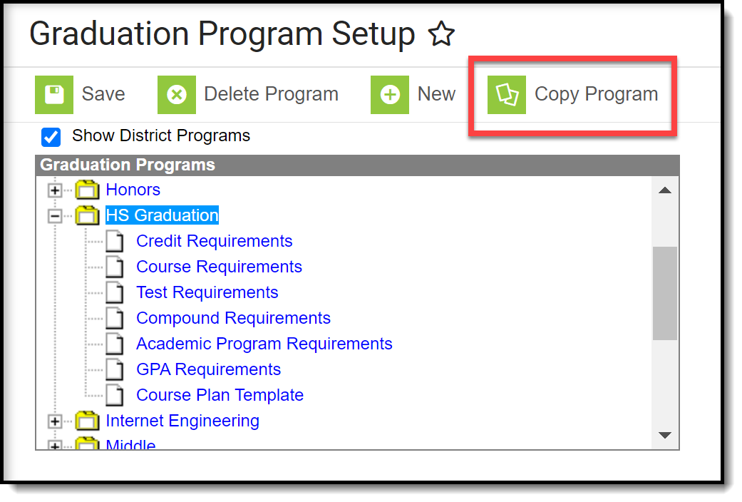 Screenshot of the Copy Program option on Graduation Program Setup