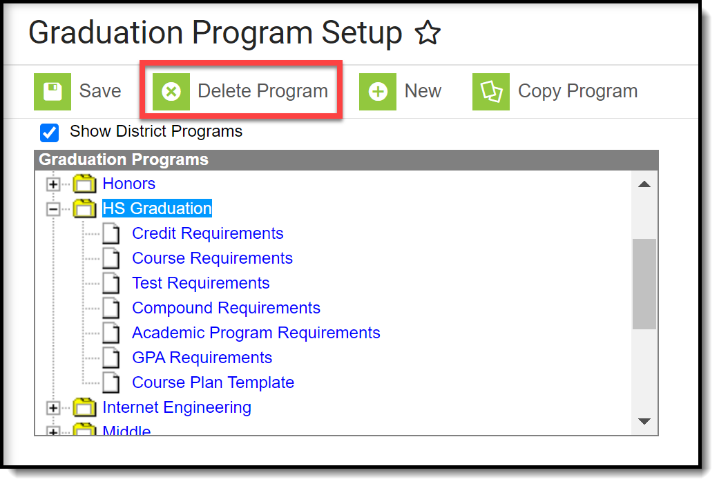 Screenshot of the Delete Program icon on Graduation Program setup