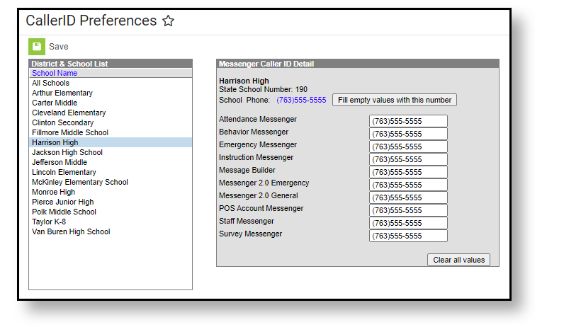 Screenshot of CallerID Preferences. A school is selected and the CallerID numbers for each Messenger tool are listed.