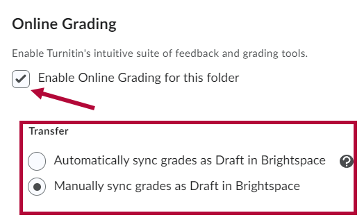 Identifies transfer options; indicates Turnitin tab and Enable Grademark for this folder checkbox