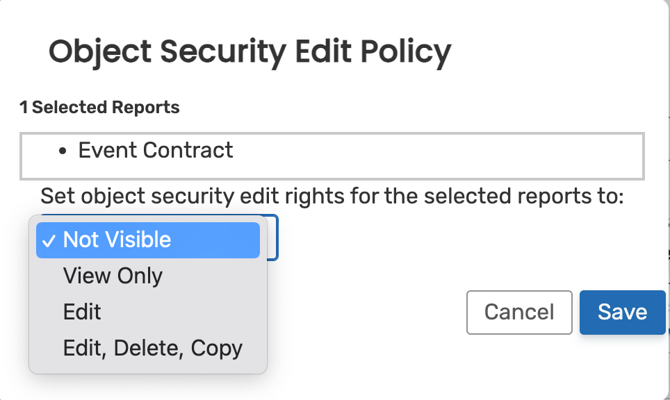 Configure the Object Level Security for Event Contracts Under Configure > Report Security.