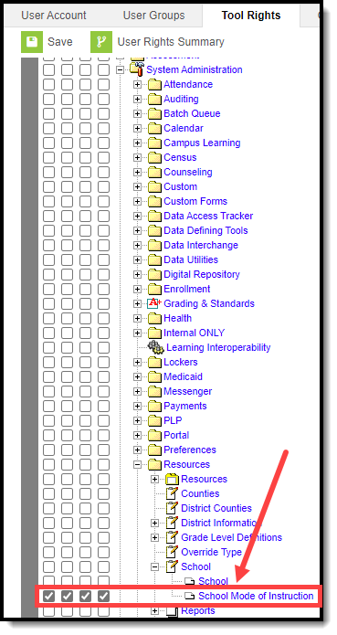 Screenshot of the School Mode of Instruction Tool Rights.