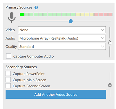 Screenshot showing a gray box titled Primary Sources, with options for adjusting video, audio and quality. The category Secondary Sources appears in the bottom of the box. A blue button reads: Add another video source.