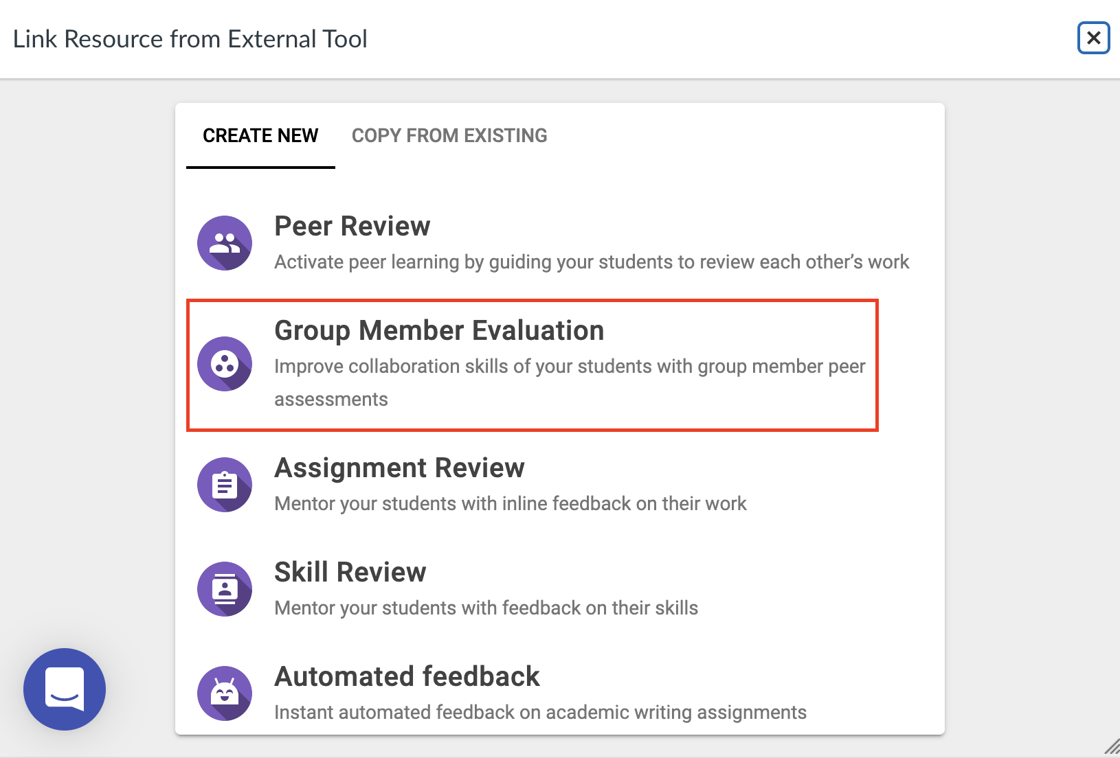 In Link Resource from External Tool screen, option for Group Member Evaluation encircled.
