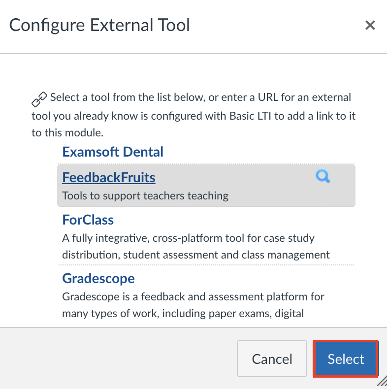 in Configure External Tool screen, Feedback Fruits is highlighted, and blue Select button (bottom right) is encircled.