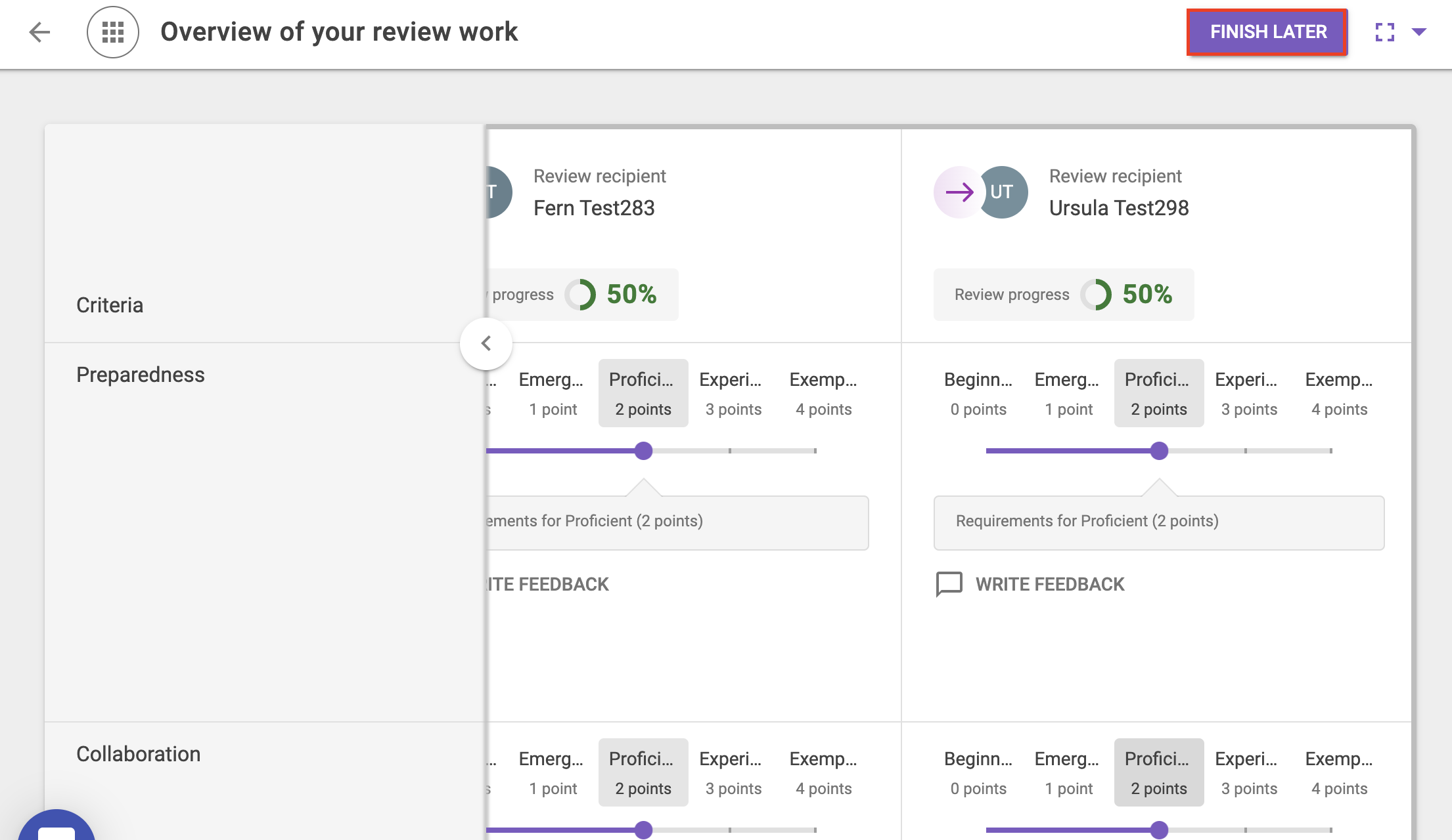 Overview of your review work. Finish later button highlighted