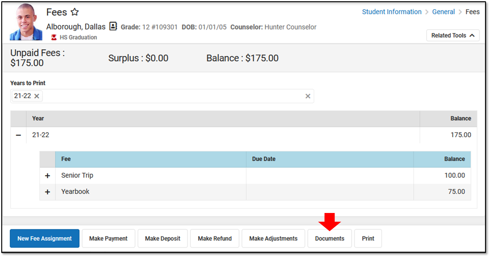 Screenshot of the Fees editor. The Documents button appears at the bottom of the window and an arrow is pointing to it.