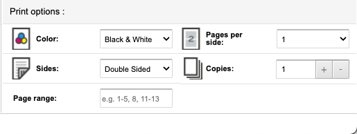 Screen showing print options: Color, Sides, Pages per Slide, Copies, Page Range.