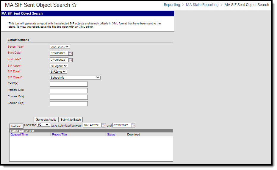 Screenshot of MA SIF Sent Object Search.