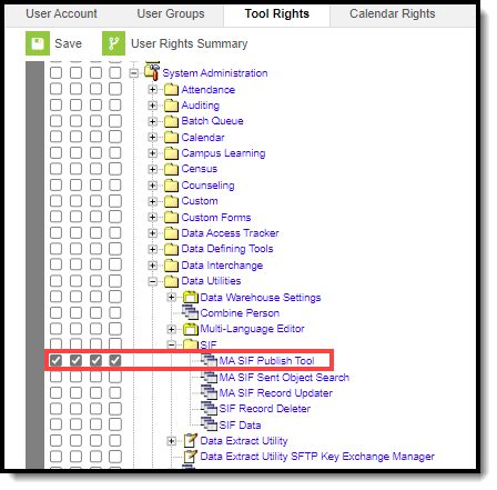 Screenshot of Tool Rights for MA SIF Publish Tool.