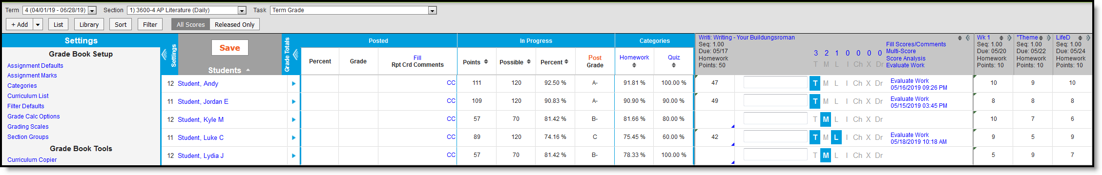Screenshot of an example of the Grade Book, with the Settings, Grade Totals, and an assignment expanded. 