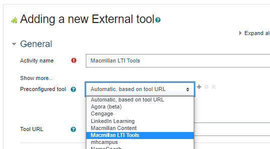 Preconfigured tool menu with Macmillan LTI Tools selected.