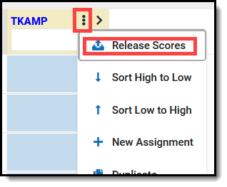 Screenshot of the Progress Monitor highlighting the three dots menu for a column that includes the option to release scores.  