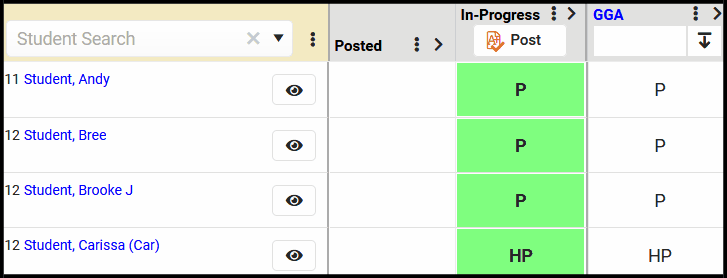 Gif depicting searching for students in the Progress Monitor to filter the view to one student, or using the eye icon to filter students.  