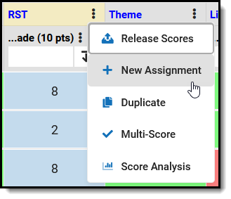 Screenshot of the options that display via the three dot menu in the assignment header.