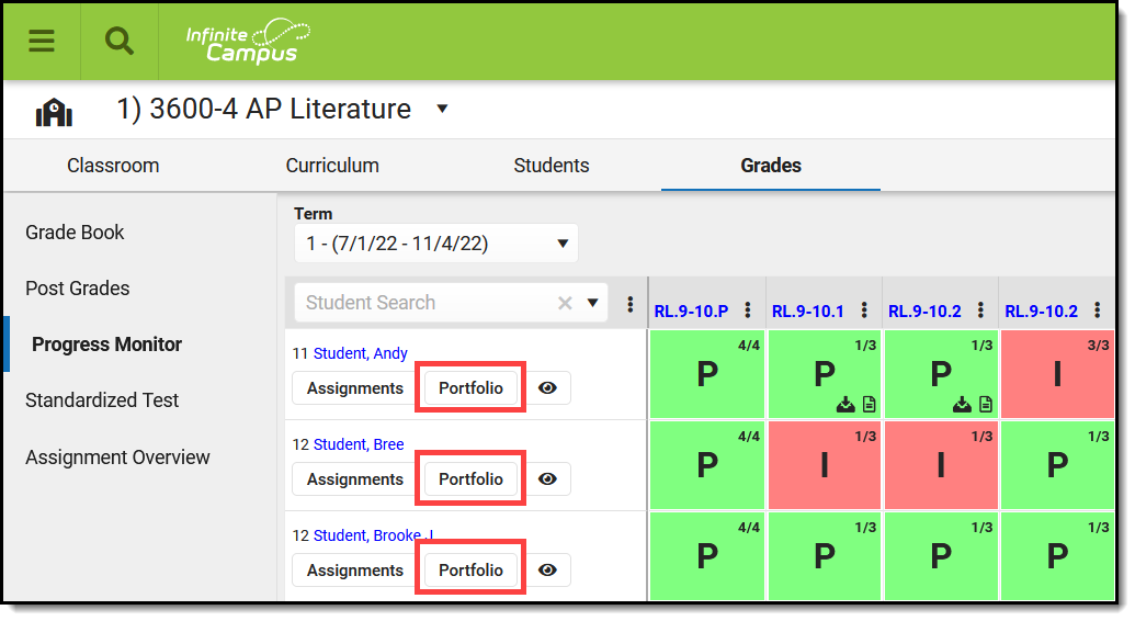 Screenshot highlighting the Portfolio button below each student's name in the Progress Monitor. 