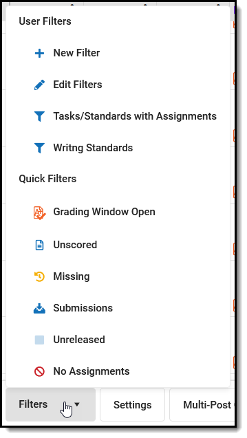 Screenshot of available filters options, including user-made filters and quick filters. 