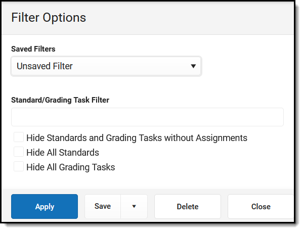 Screenshot of the Filter Options menu, depicting the option to select a Saved Filter or filter by Tasks/Standards. 