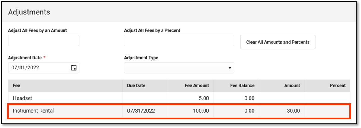 Screenshot of an adjustment made to a fee assignment after the payment was made.
