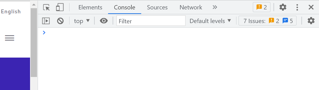 developer tools opening on tab console, other headings are elements, sources and network