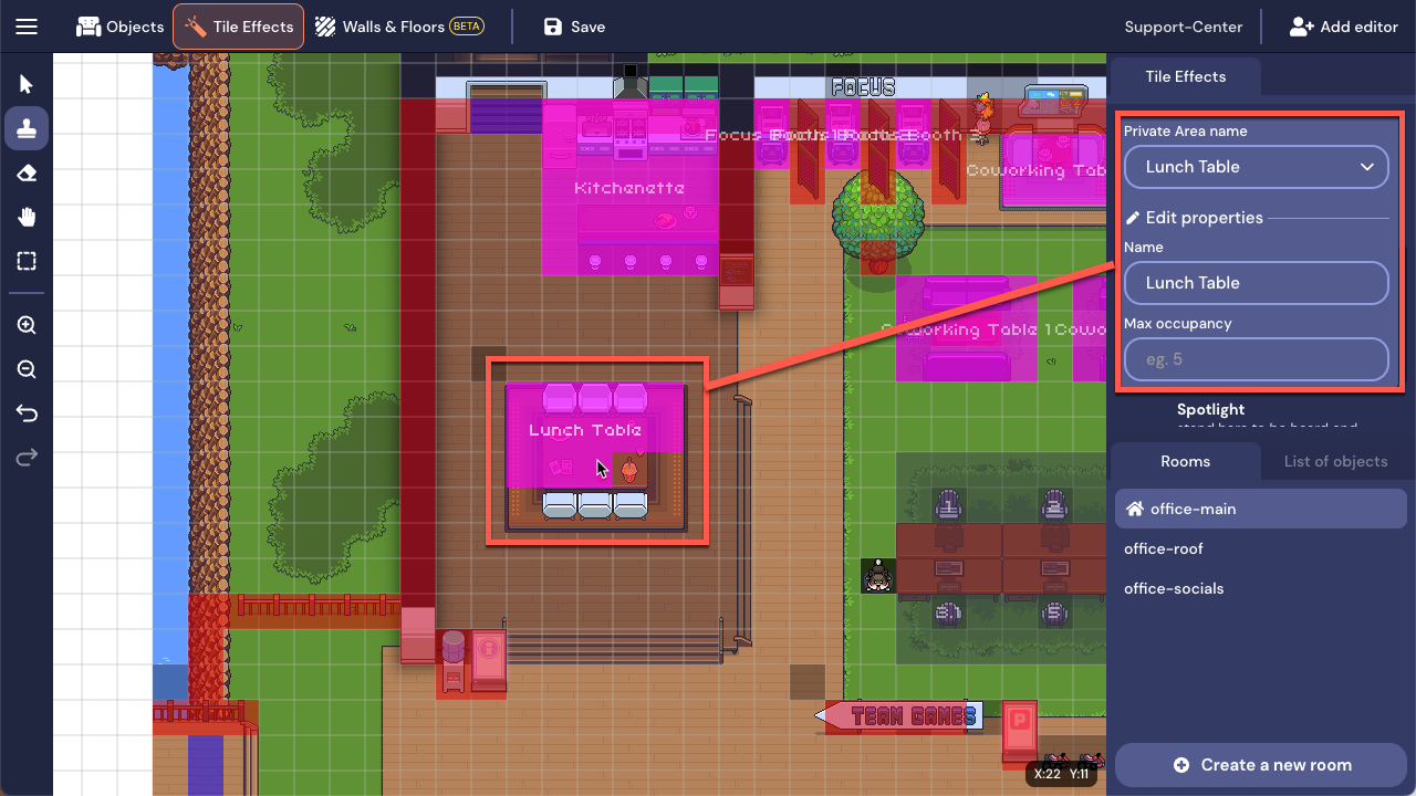 Part of the conference table is covered in pink tiles with the number 1 in them. A Red outline is drawn around the table and connected to a red outline around the Area ID field in the Tile Effects panel.