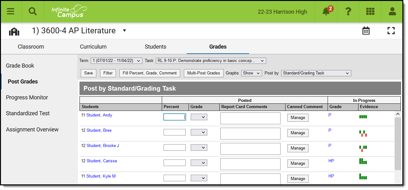 Screenshot of the Post Grades tool. 