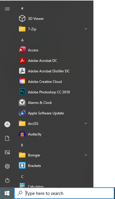 windows start menu application list