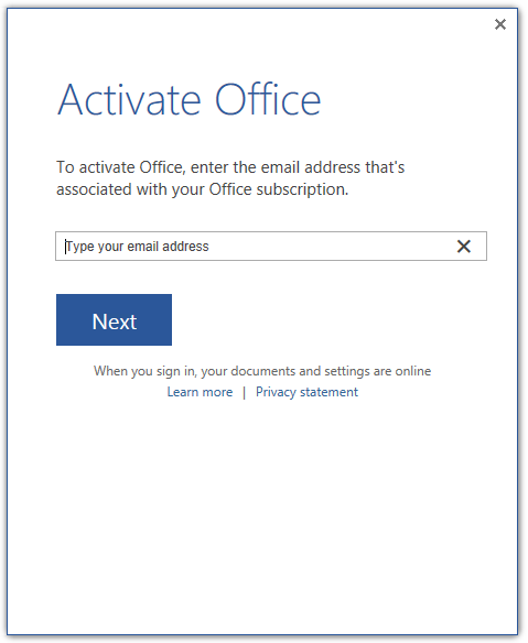 A window to enter email address to activate Office
