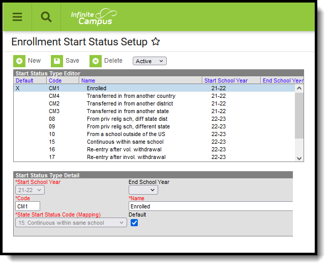 Screenshot of the Enrollment Start Status Setup tool, located at Student Information, General Student Administration