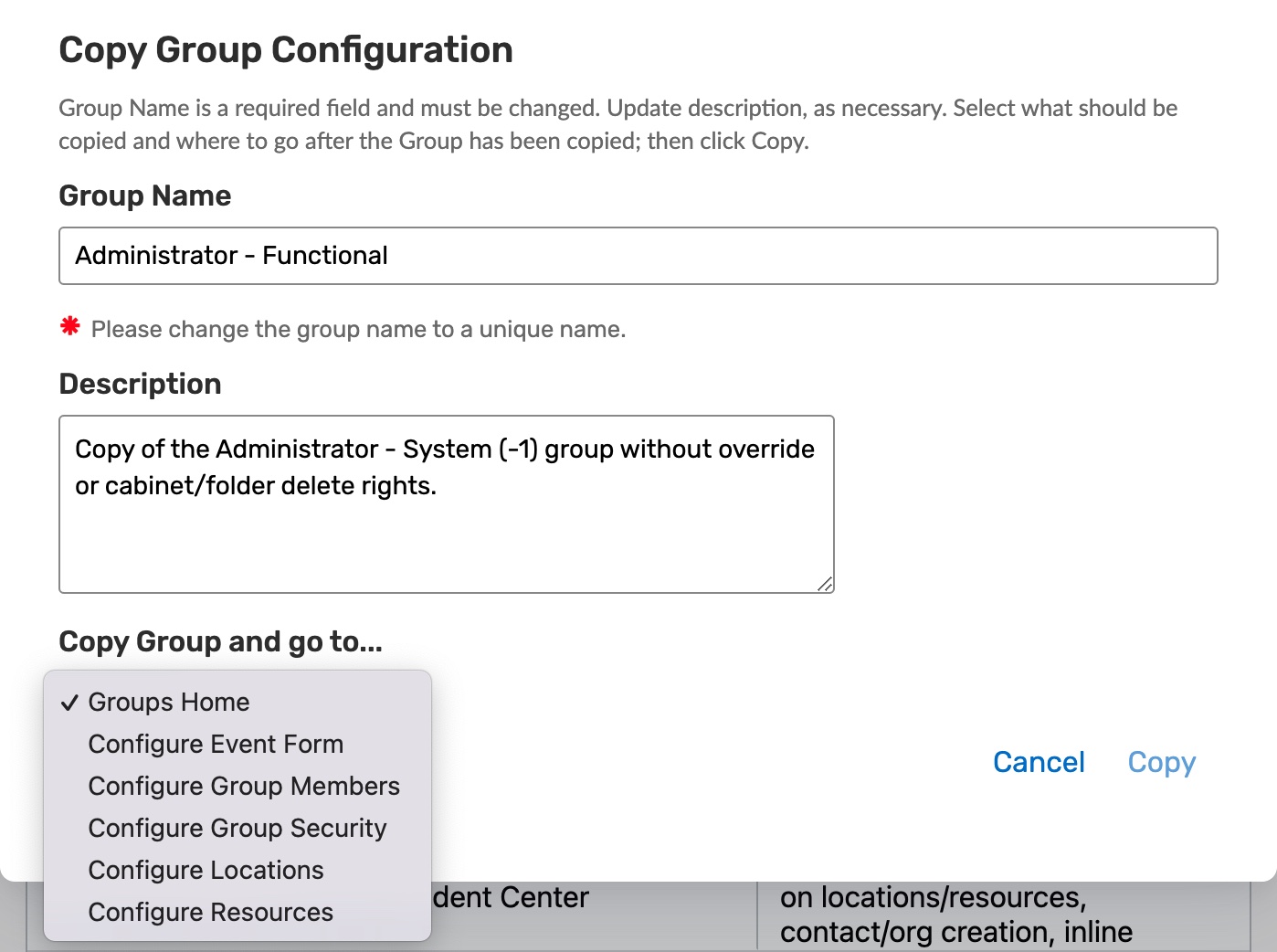 Copy Group Configuration options