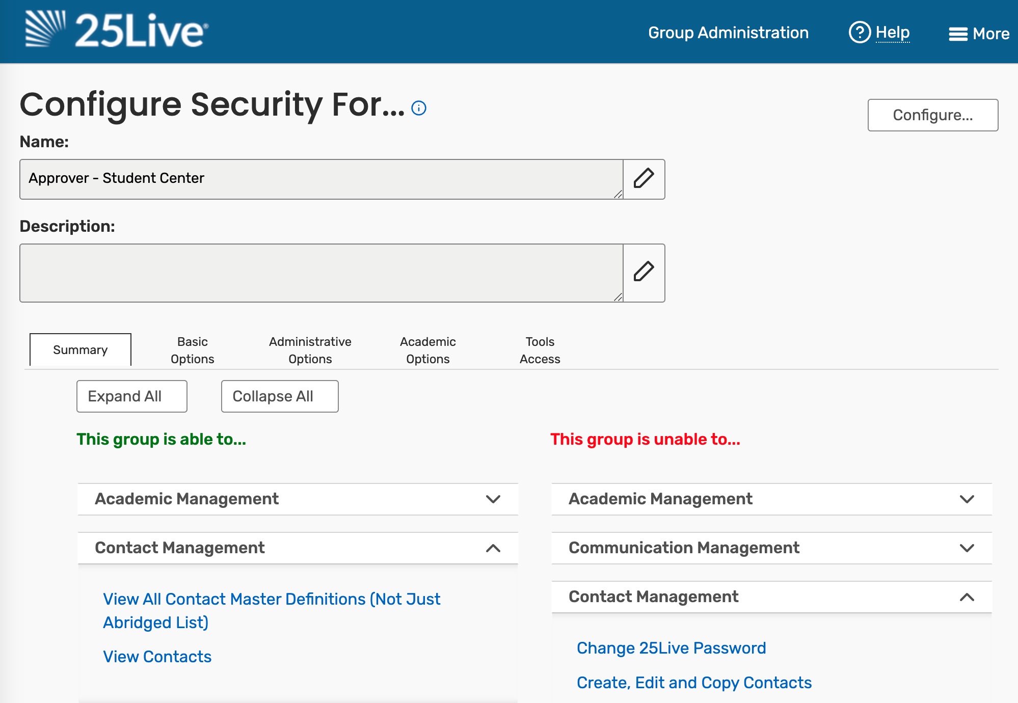 example of a group's Summary page in Configure > Security.