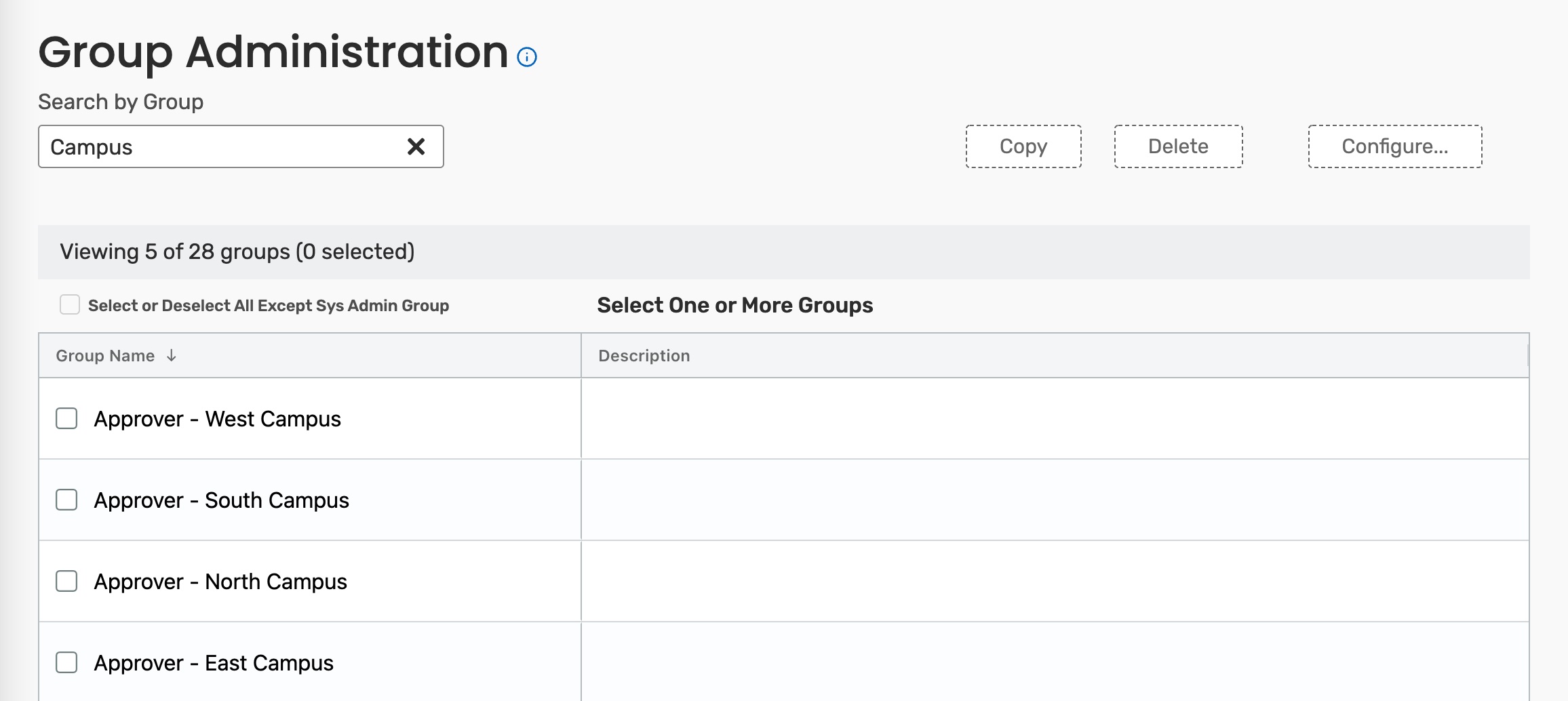 Using the search field to filter groups by Group Name.