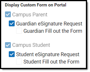 Image of Display Custom Form on Portal and Request eSignature options.